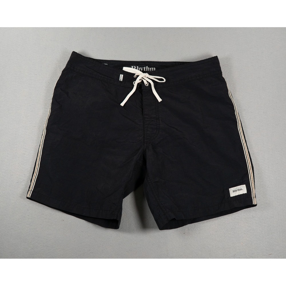 Rhythm Mens Board Shorts Black Nylon Side Stripe Swim Trunks Size 33 Surf